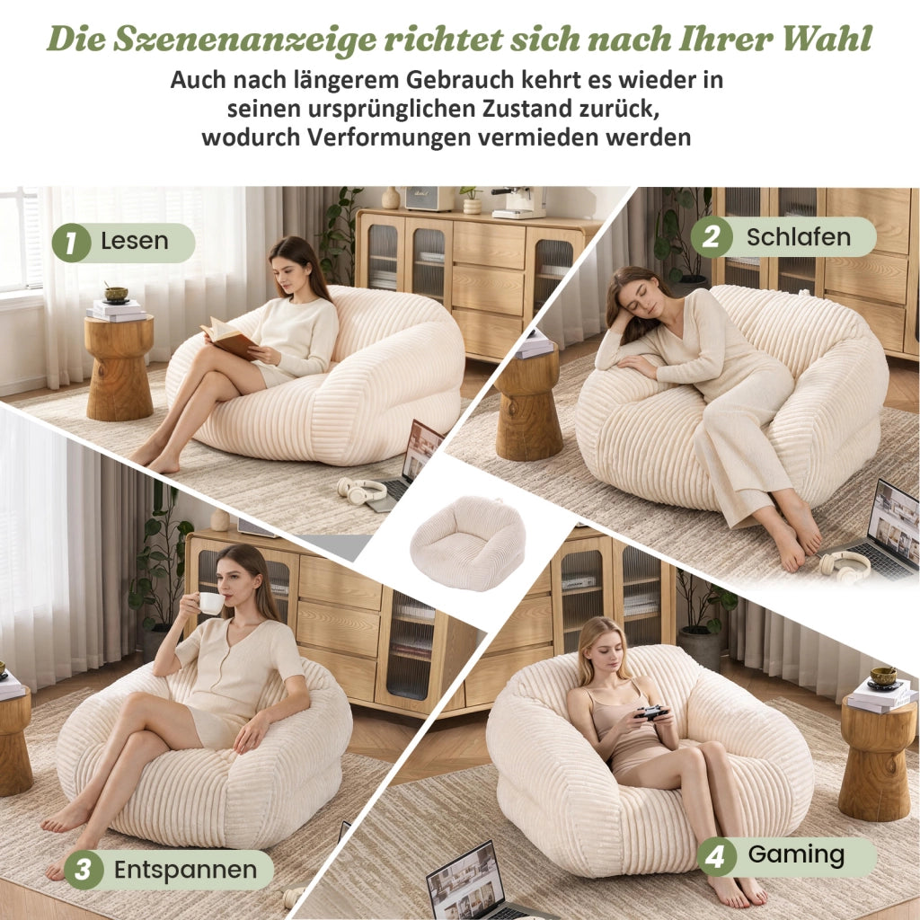 Pouf per adulti in velluto a coste con schienale ergonomico, morbido e versatile per salotto e camera da letto beige