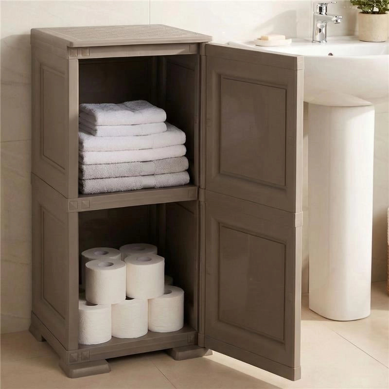 MOBILE BAGNO SALVASPAZIO 2 ANTE IN PLASTICA WENGÉ 40X43X85,5 CM – ARMADIETTO CONTENITORE CON RIPIANO INTERNO PER ASCIUGAMANI, CARTA IGIENICA E ORGANIZZAZIONE BAGNO