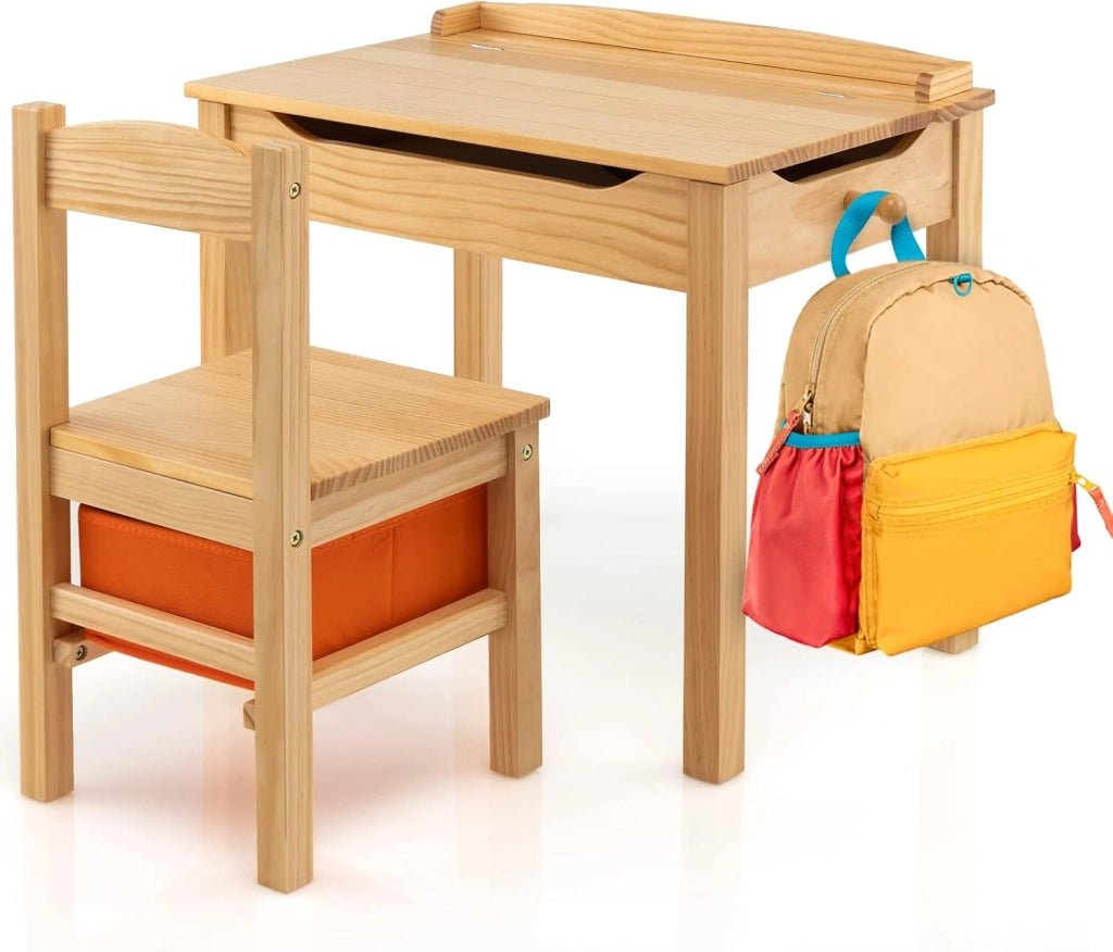 Set Tavolo e Sedia per Bambini 3+ Anni, Scrivania Ribaltabile in Legno di Pino con Cassetto Estraibile, Gancio e Cerniera Sicura a Chiusura Lenta, Ideale per Studio e Disegno (Naturale)