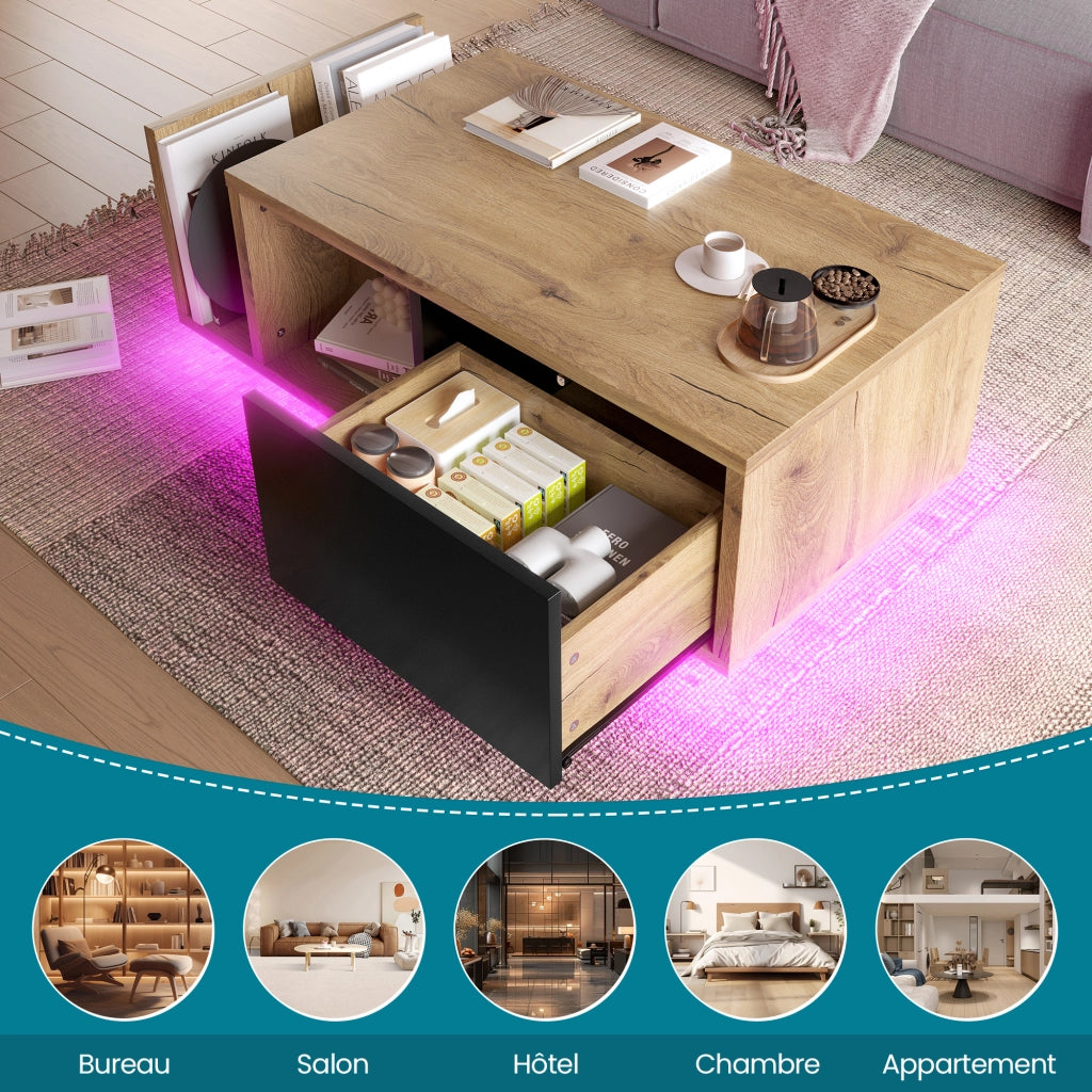 Tavolino basso con LED, 1 cassetto e vano aperto, stile retro, per soggiorno, in legno ingegnerizzato, naturale