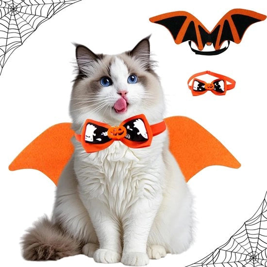 Costumi per gatti Halloween - 2 pezzi - Adattabile - Cappottino farfalla zucca - Materiali leggeri - Costume per animali domestici
