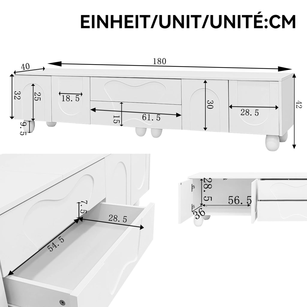Mobile TV con 2 Ante e 2 Cassetti; Stile Minimalista; Soggiorno; 180??40??42 cm; in Pannello Truciolare; Bianco