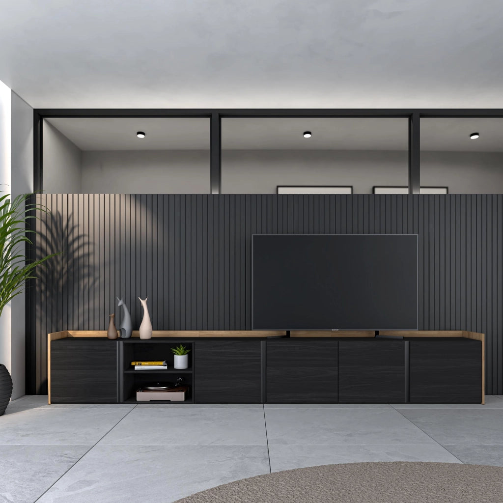 Mobile TV Soggiorno, 309x50x35 cm, Per TV fino a 80", Mobile Soggiorno, Nero e rovere