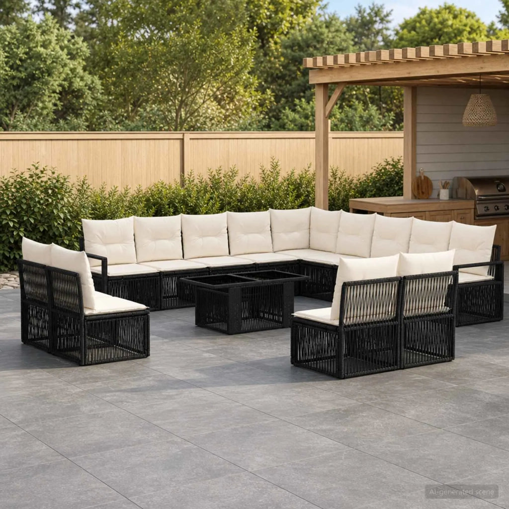 Set Divano da Giardino 14 pz Nero e Bianco Crema polyrattan 3437173