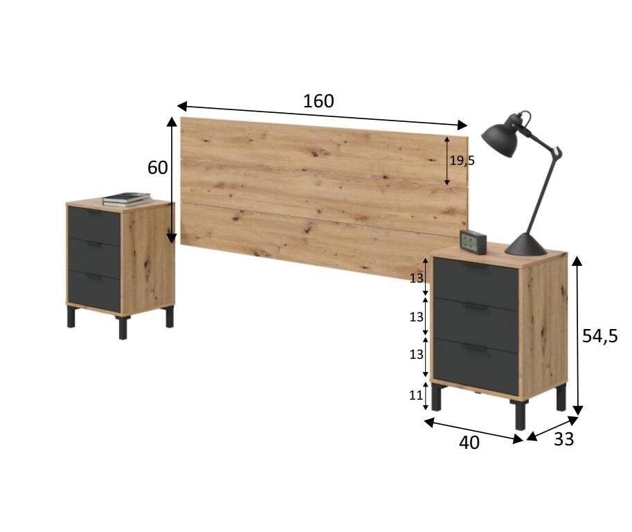 Comodino Allan, Set camera da letto, Testiera letto e 2 Comodini a 3 cassetti, cm 160x2, Rovere effetto nodi e Antracite