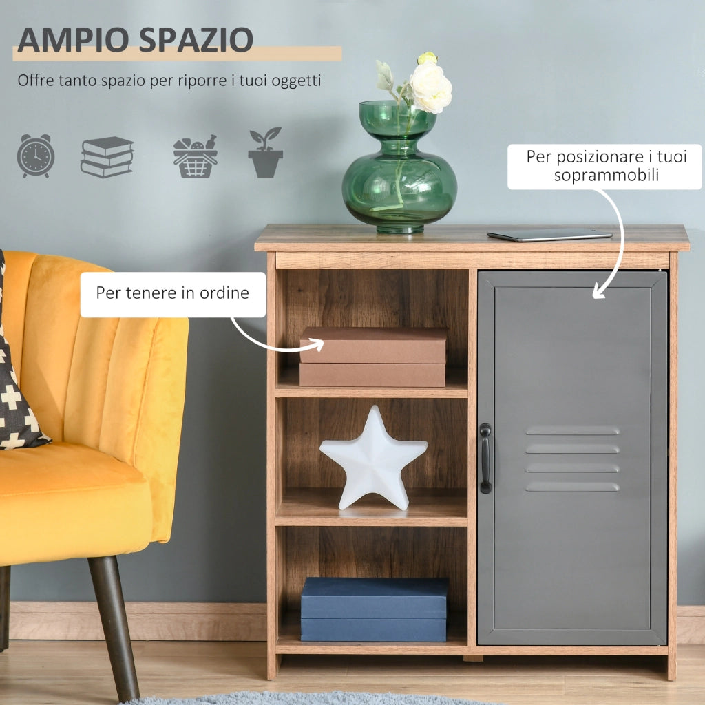 EasyComfort Mobiletto Multiuso con Ripiani e Armadietto in Legno con Anta in Metallo, Mobile per Soggiorno e Cucina, 80x35x82cm, Marrone Grigio