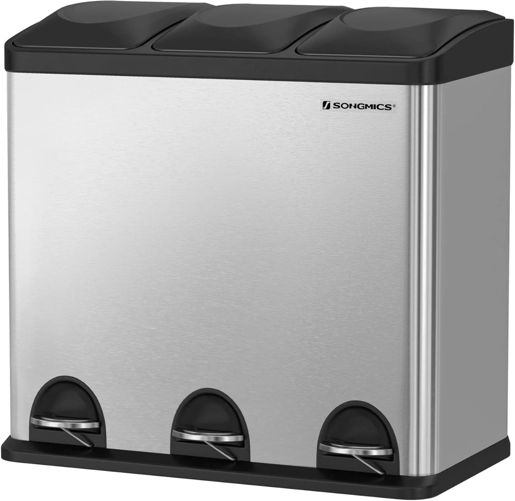 SONGMICS Pattumiera di 54L, Cestino di Spazzatura, a 3 Sezioni, con Pedale, Secchio Interni, 6 Etichetti per Smailtimento Facile, Bianco e Nero LTB54W