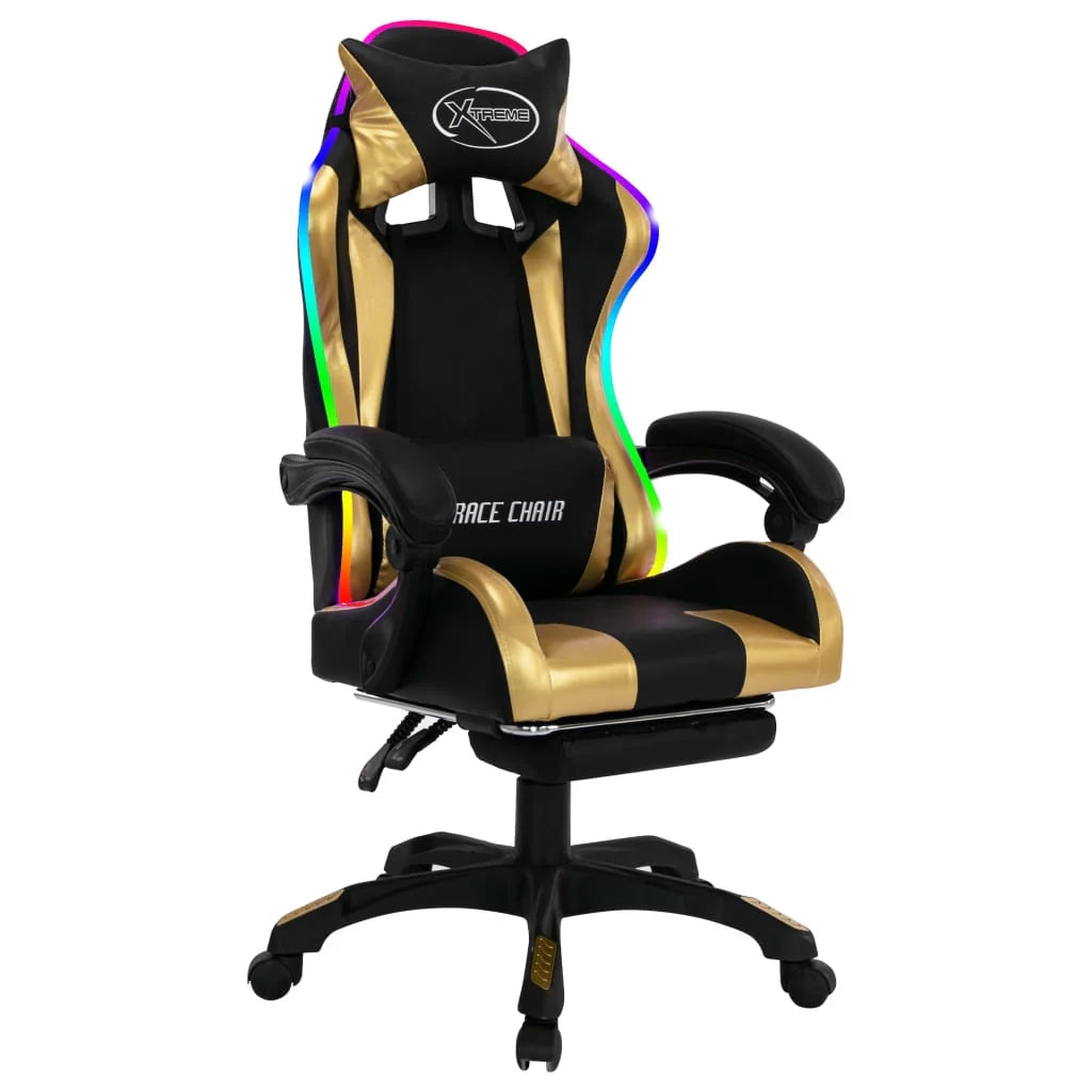 Sedia girevole da ufficio/studio per uso computer videogiochi con illuminazione LED RGB dorata e similpelle dorata 02_0024204