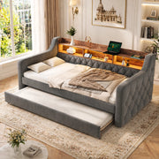 LETTO Estraibile 90x190 cm in velluto grigio scuro con LED e USB-C