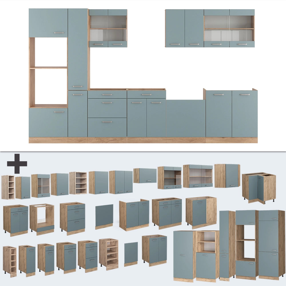 Vicco Cucina Rovere blu-grigio/oro 350 cm con armadio alto, PL Marmo