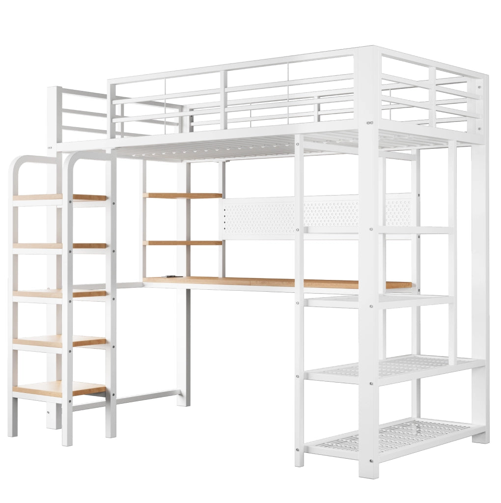 Letto a soppalco 90x200 cm con scrivania, LED e prese in ferro bianco