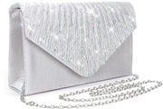 Borsa da sera per donne, Borsa da sera con glitter argentato in satin, Borsa da sera con cerniera e catena regolabile, Borsa da sera da sera con cristalli e diamanti per matrimoni e feste di promessa