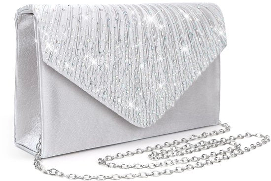 Borsa da sera per donne, Borsa da sera con glitter argentato in satin, Borsa da sera con cerniera e catena regolabile, Borsa da sera da sera con cristalli e diamanti per matrimoni e feste di promessa