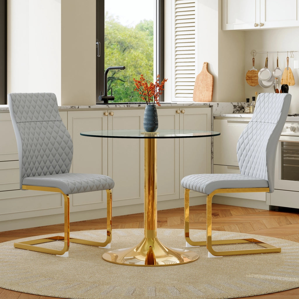 Set tavolo rotondo in vetro e 2 sedie grigio chiaro oro