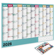 Calendario da parete 2026 - Calendario familiare - Pianta annuale - Affissione da parete - Schema - 74x52,5 cm - Pianta per ufficio studentesco - Incluso adesivo doppio e etichette - Adatto per scuole - Uffici - Abitazioni - Blu-verde
