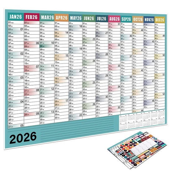 Calendario da parete 2026 - Calendario familiare - Pianta annuale - Affissione da parete - Schema - 74x52,5 cm - Pianta per ufficio studentesco - Incluso adesivo doppio e etichette - Adatto per scuole - Uffici - Abitazioni - Blu-verde