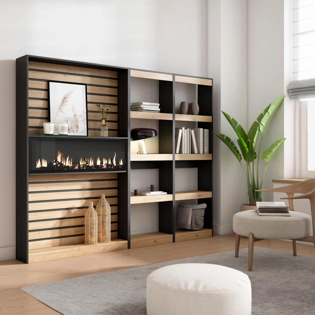 Libreria scaffale, 230x25x186cm, Soggiorno, Ufficio, Camino elettrico, colore Rovere e nero RF2422