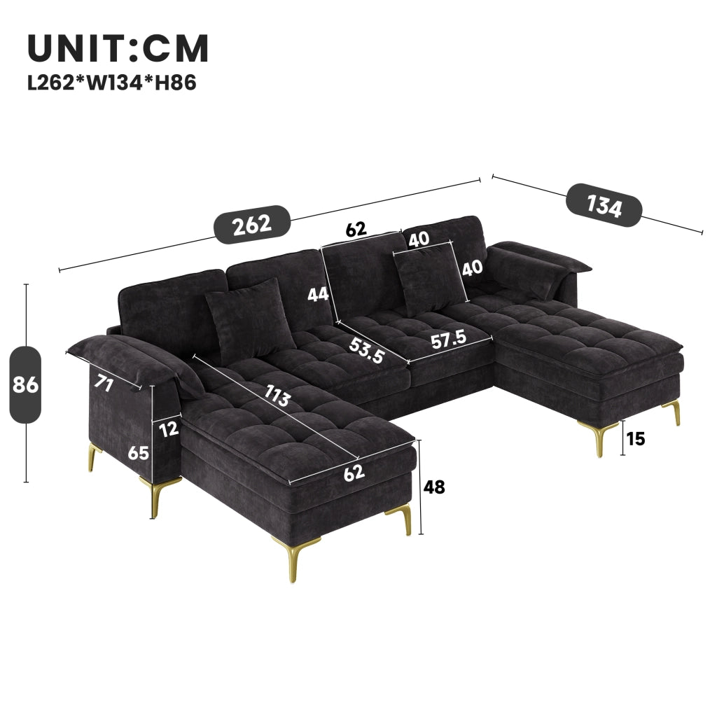 Divano angolare a U modulare con 2 chaise longue e cuscini in ciniglia nera per soggiorno 262 × 134 × 86 cm