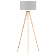Lampada da Terra Policotone Grigio 142H cm Rovere Legno Chiaro Gambe Treppiede Paralume Tamburo Moderno