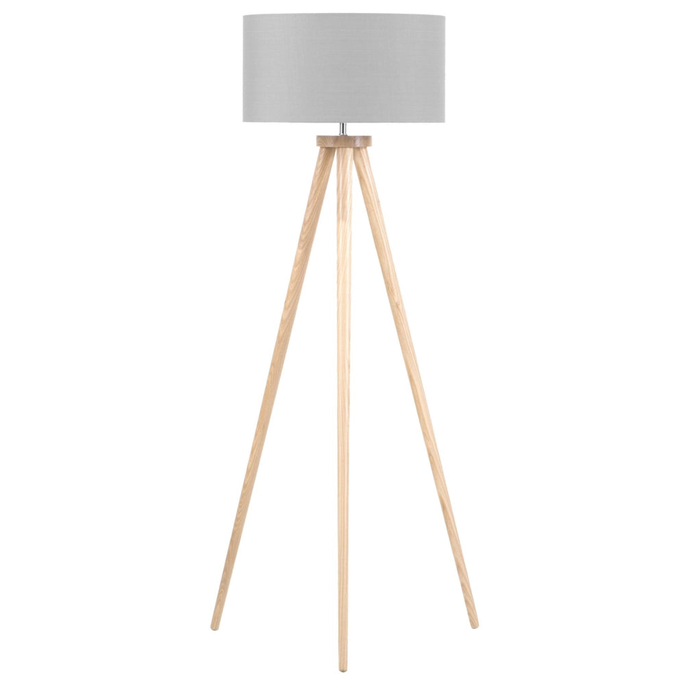 Lampada da Terra Policotone Grigio 142H cm Rovere Legno Chiaro Gambe Treppiede Paralume Tamburo Moderno