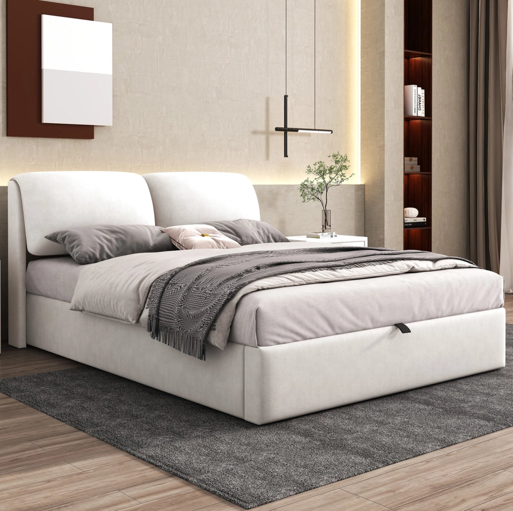 Letto matrimoniale imbottito 140x200 cm in velluto beige con contenitore; 3 cassetti e testiera regolabile