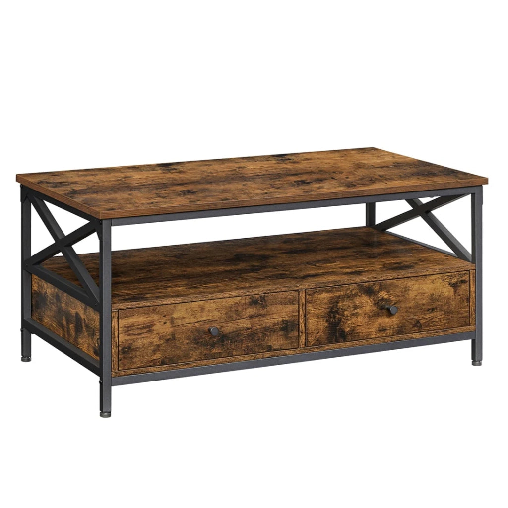 Tavolino da caffè tavolo da soggiorno credenza bassa con 2 cassetti e un vano aperto struttura in acciaio a forma di X 100 x 55 x 45 cm stile industriale marrone 12_0007485