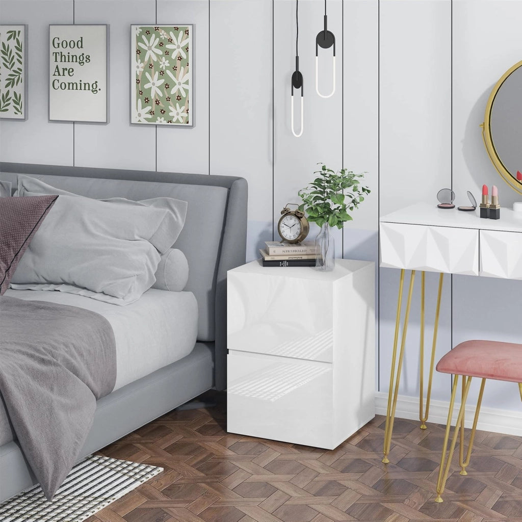 Comodino con 2 Cassetti Lucido, Mobiletto Bianco per Camera da Letto, Salotto, Cassettiera Piccola Salvaspazio in Legno, 40x40x58cm, Design Moderno, 0182ZZ