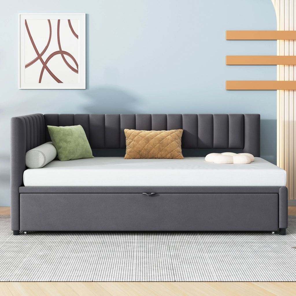 OKWISH Letto a Divano 90×200 cm, Letto Singolo con Letto Estraibile e Testiera, 90×200 cm e 180×200 cm, senza Materasso, Grigio