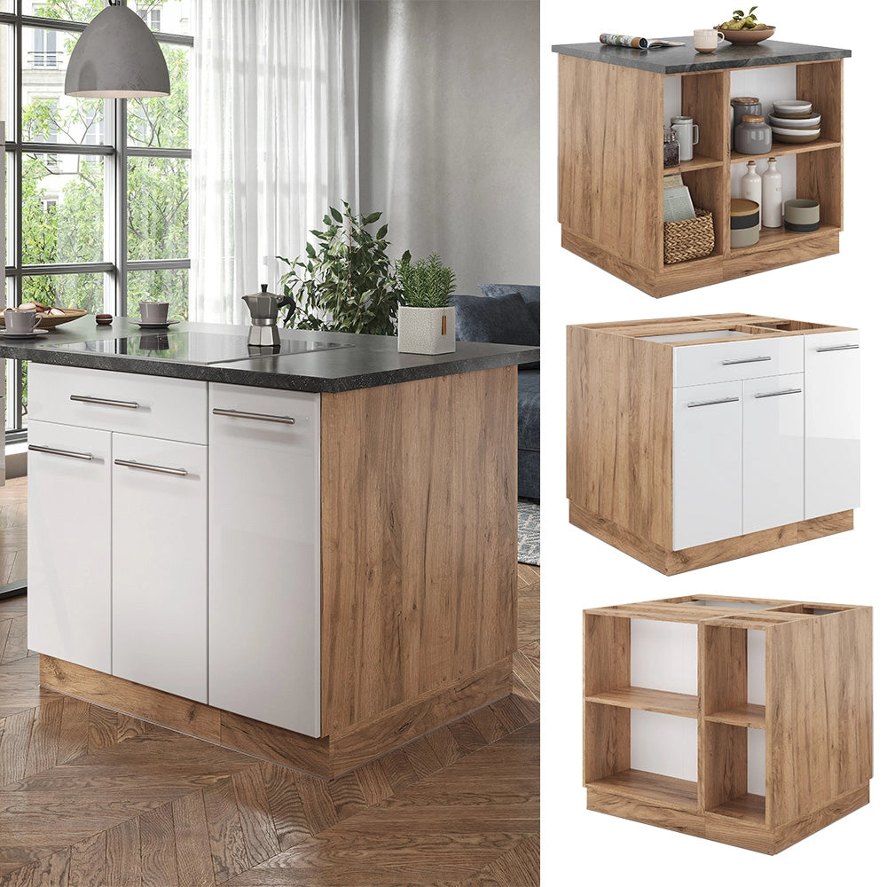 Isola cucina Fame-Line Bianco lucido/Rovere dorato 90 cm con cassetto, senza piano di lavoro Vicco