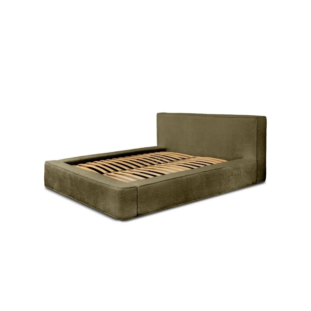 Letto contenitore VELORA – Olive bouclé – 180x200 cm – Tessuto velluto morbido – Rete sollevabile – Contenitore integrato
