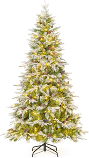Albero di Natale Artificiale Pre-Luminoso 190 CM, Albero di Natale Innevato con 280 Luci LED Bianche Calde, 765 Punte, 62 Pigne e Base Metallica (190 CM)