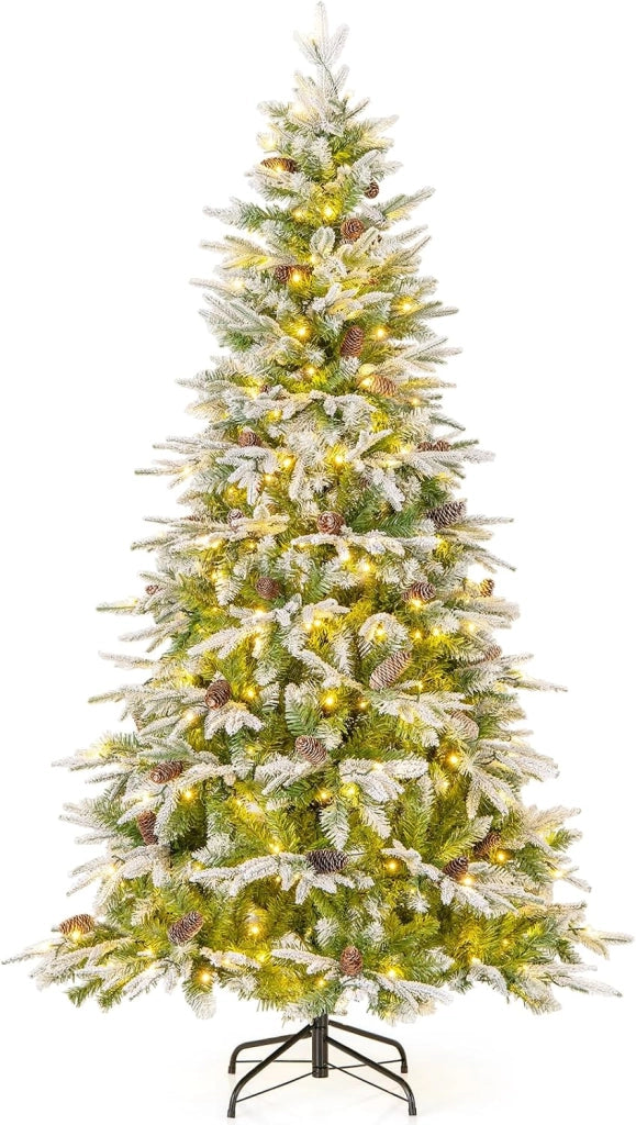 Albero di Natale Artificiale Pre-Luminoso 190 CM, Albero di Natale Innevato con 280 Luci LED Bianche Calde, 765 Punte, 62 Pigne e Base Metallica (190 CM)