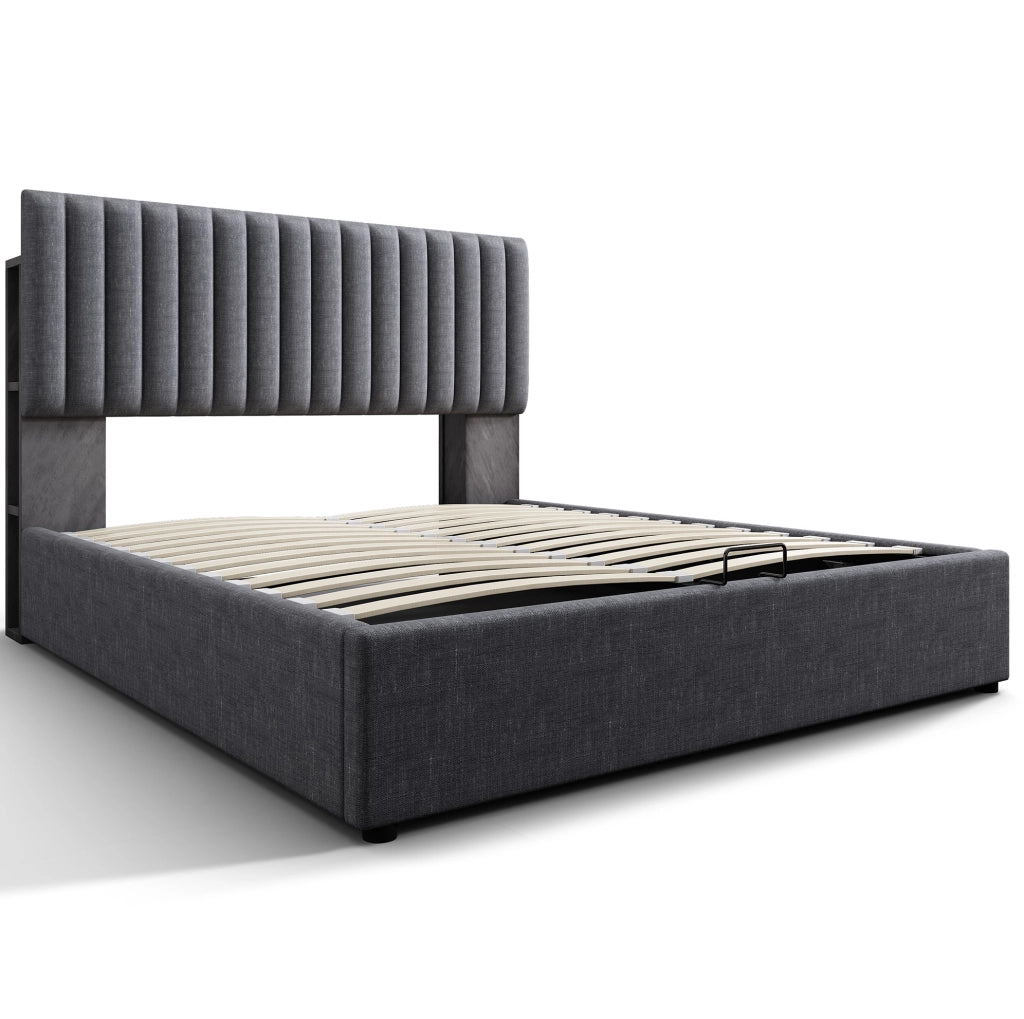 Letto matrimoniale 140x200 cm con contenitore; LED con controllo App; USB e Type C; grigio