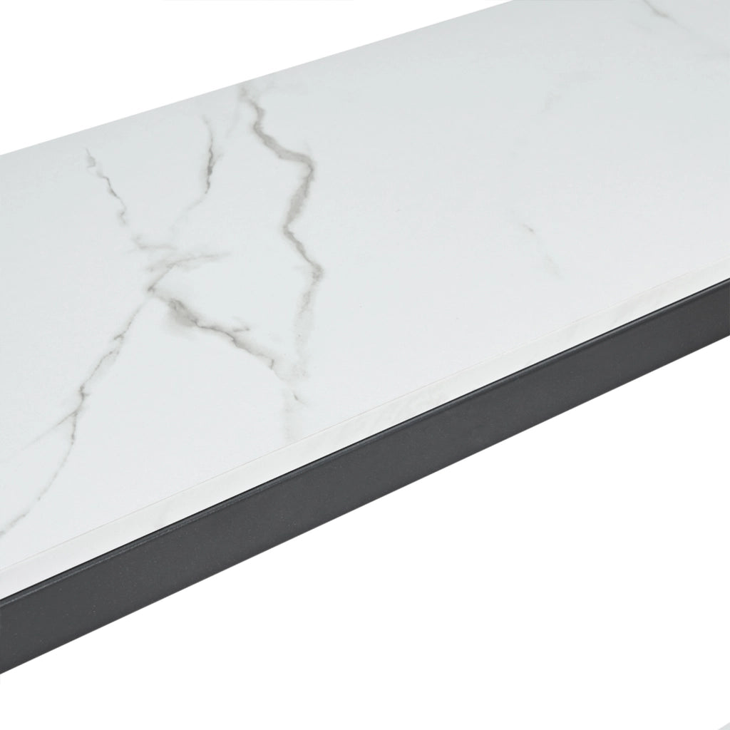 Consolle con 2 ripiani in effetto marmo bianco e metallo nero, per ingresso e soggiorno, 123.5 × 33.5 × 80 cm