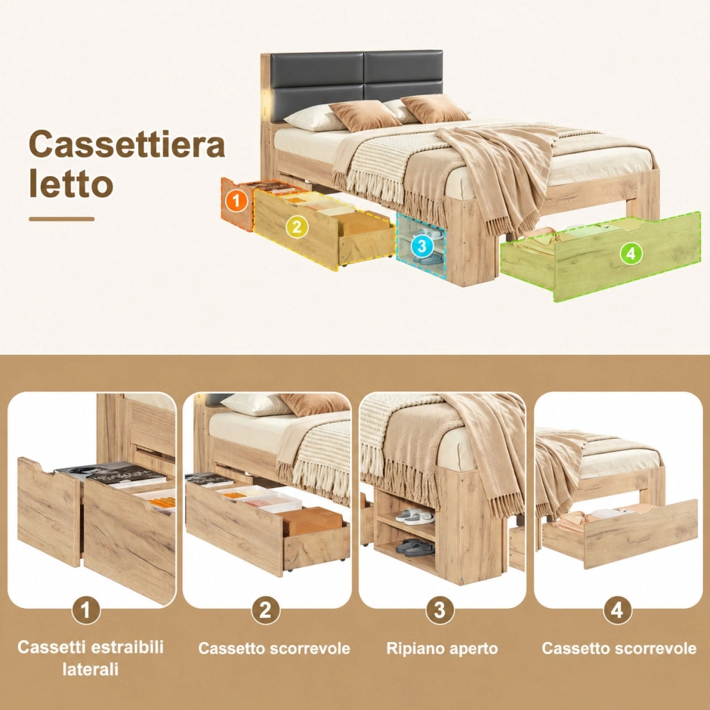 Letto contenitore 140x200 con luce USB USB-C e testiera imbottita in PU MDF naturale