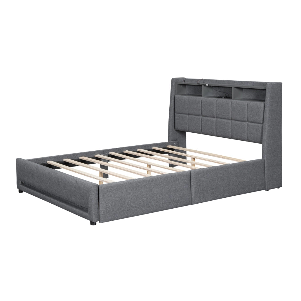 Letto imbottito 140x200 cm con LED APP; cassetti e USB in lino grigio