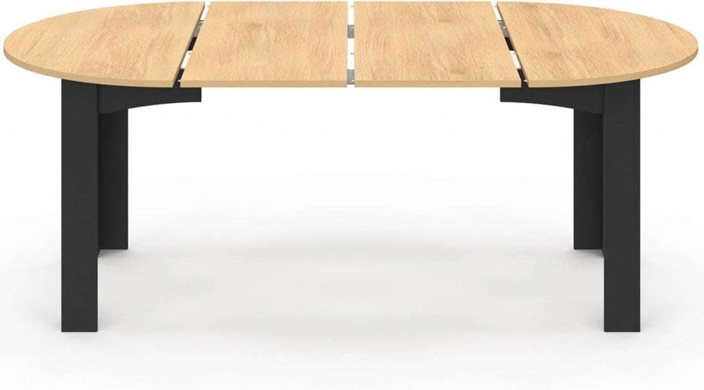 DONA Tavolo da pranzo rotondo allungabile per 4-10 persone, nero, piano effetto faggio 110-200 cm
