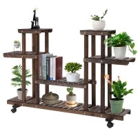 Scaffale Portafiori a 4 Livelli, Fioriera da Esterno e Interno in Legno con 4 Ruote, 123.5 x 33 x 80cm