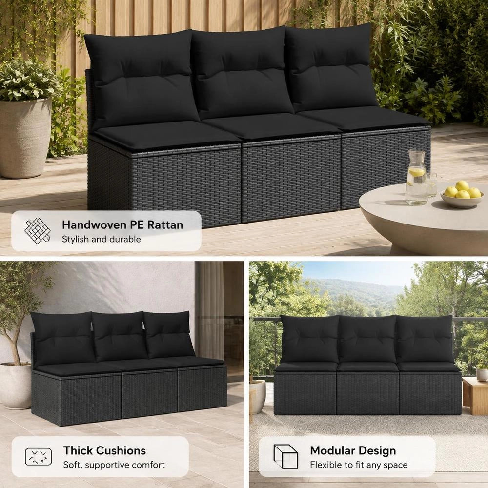 Garden Sofa With Cushions 3-seater Black Poly Rattan