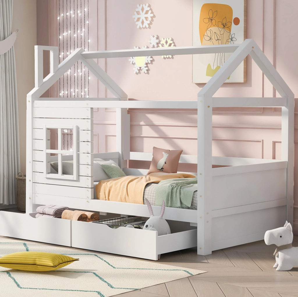 Letto a casetta per bambini 90x200 cm in legno massello di pino bianco con 2 cassetti