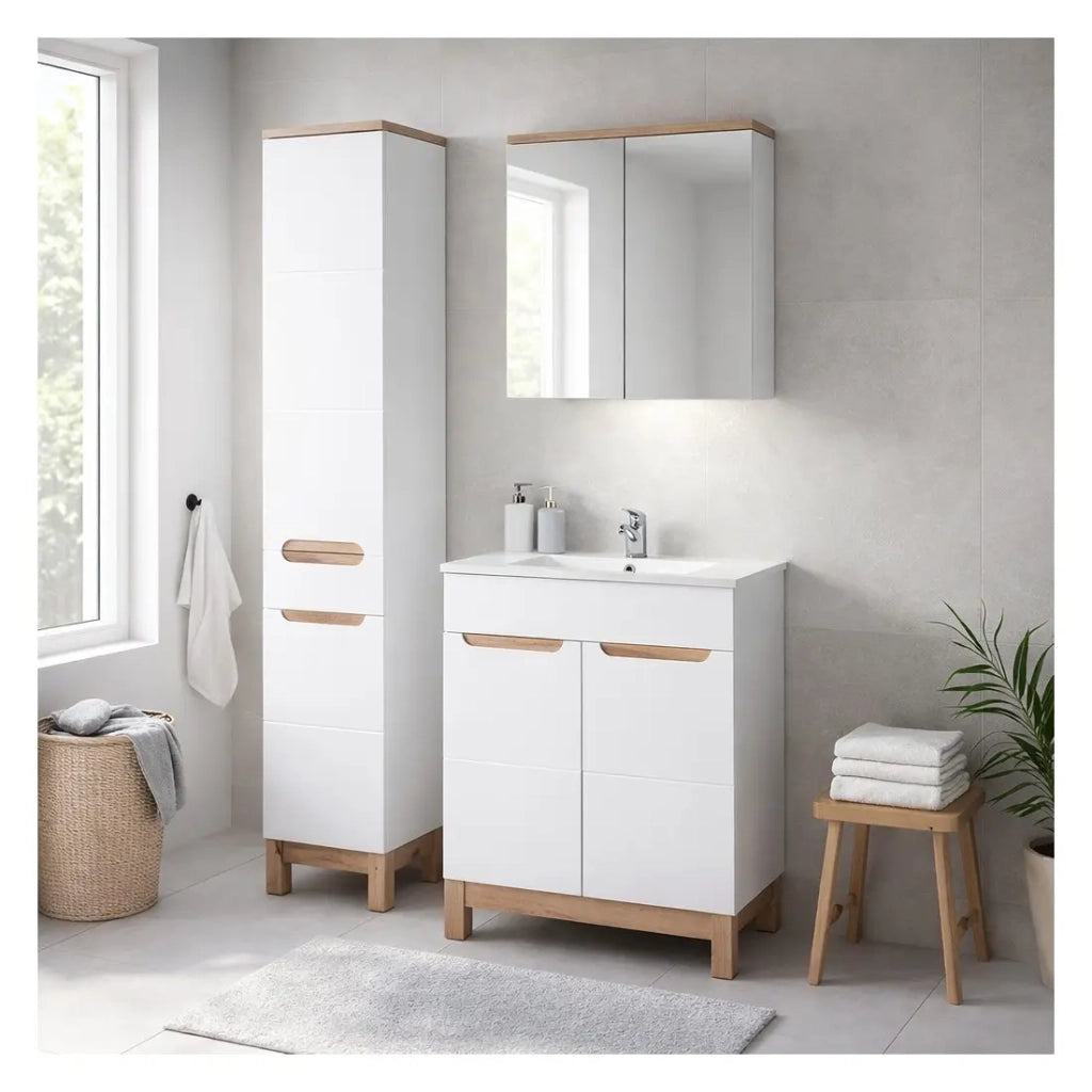 Insieme ERMANO: mobile sottolavabo 60cm + lavabo da incasso rettangolare + sifone + colonna + mobiletto con specchi