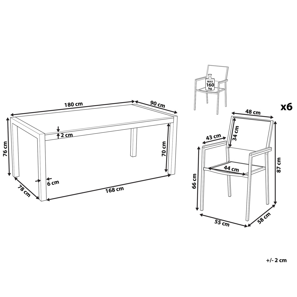 Set da pranzo da giardino bianco con piano in granito fiammato 6 posti 180 x 90 cm