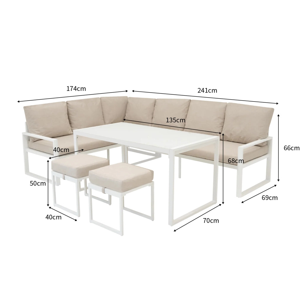 Set Mobili da Esterno in Alluminio Divano Angolare Tavolino Sgabelli Bianco