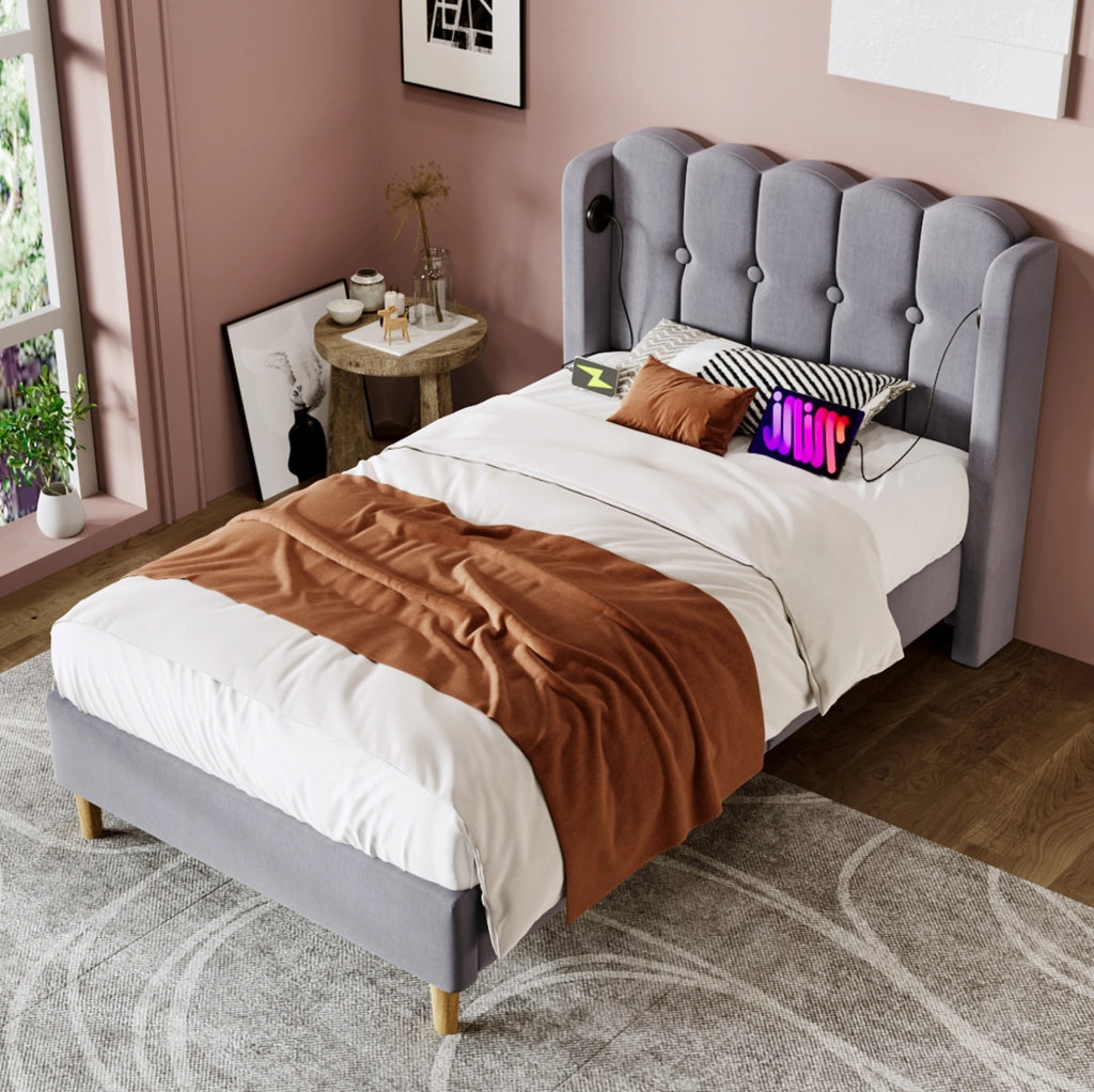 Letto imbottito 90x200 cm con ricarica USB e Type C; lino; grigio (Senza materasso)