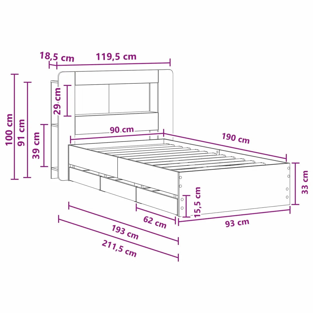 Telaio del letto con storage Rovere Fumo 90 x 190 cm