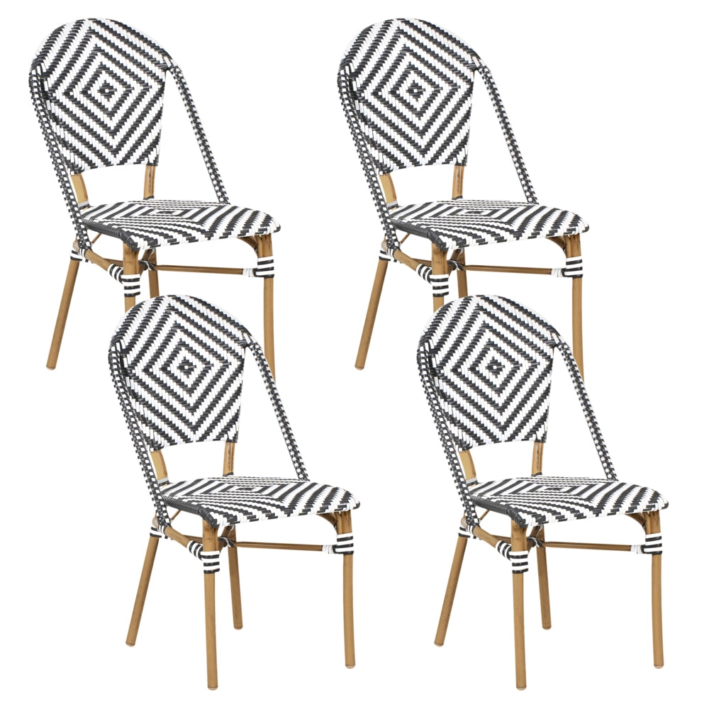 Set da pranzo da giardino a 4 posti Piano in rattan sintetico bianco e Nero Tavolo ø 70 e 4 strutture in alluminio impilabili