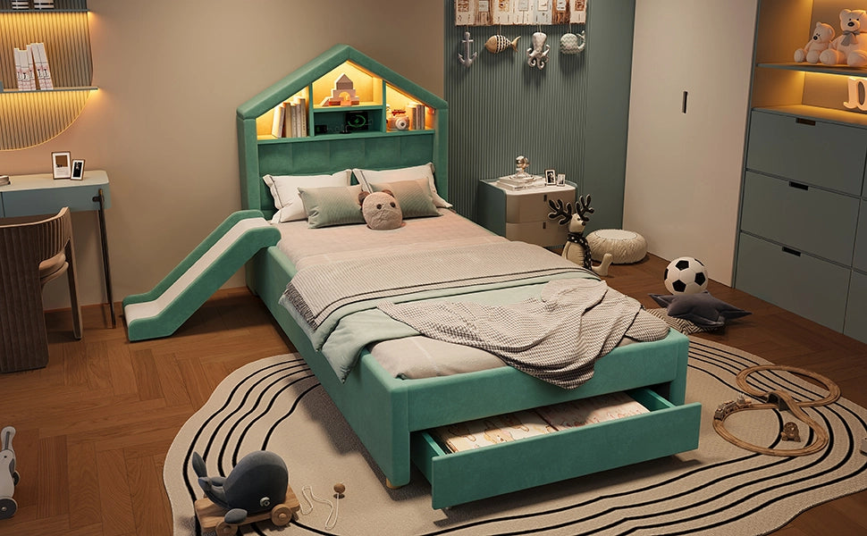 letto per bambini velluto blu verde 90 x 200 cm