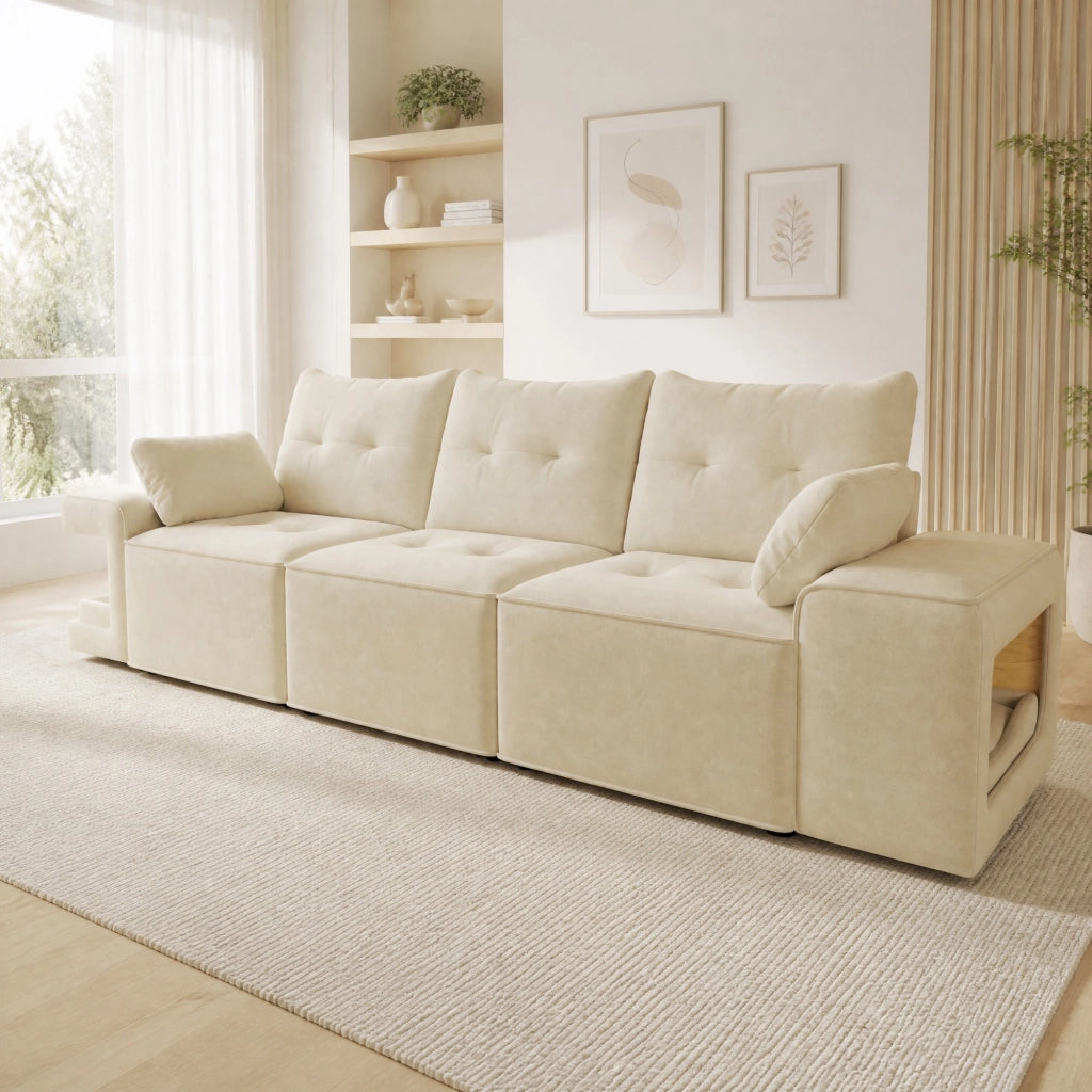 DIVANO Modulare 3 Posti 229,5x78x84 cm Velluto Beige con 2 Cuscini e Contenitore