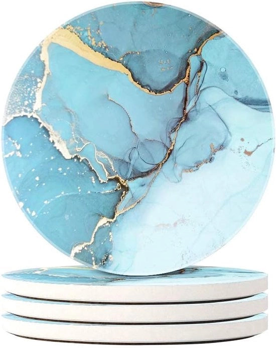 Quattro sottofondi rotondi per bicchieri, pietre assorbenti sottofondi, set con fondo in ceramica e pietra, sottofondi decorativi per bicchieri e tazze, marmo azzurro celeste.