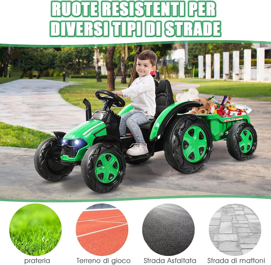 Trattore Elettrico per Bambini con Rimorchio, 2 in 1 Go Kart e Trattore per Bambini 3-8 Anni, con Telecomando e Cintura di Sicurezza a 2 Punti (Verde)
